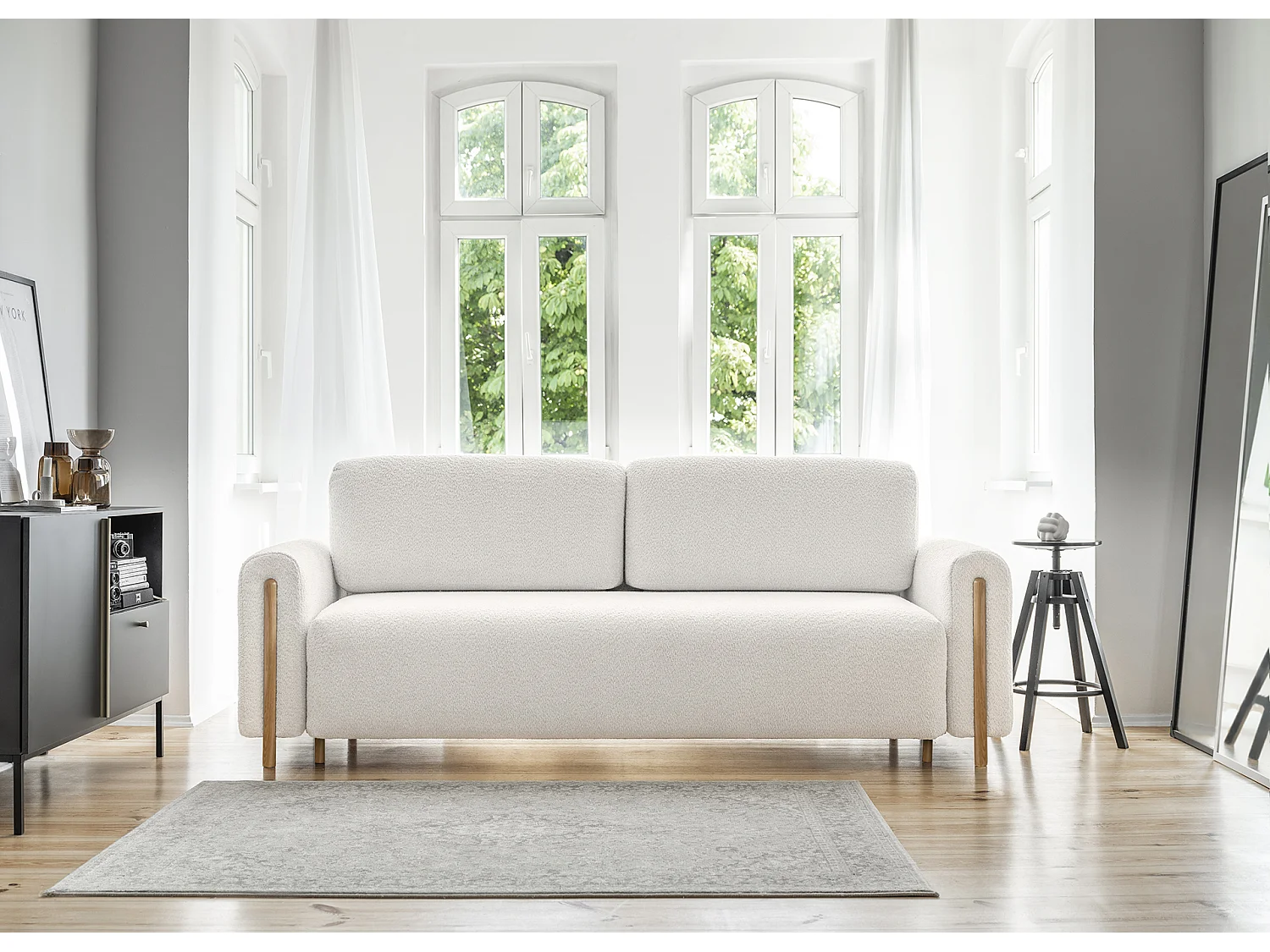 Canapé convertible en tissu bouclette DOVA - Pieds bois massif naturel-Blanc