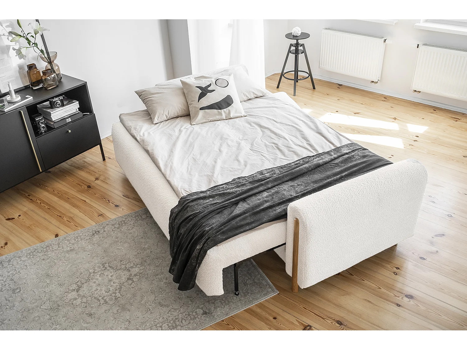 Canapé convertible en tissu bouclette DOVA - Pieds bois massif naturel-Blanc