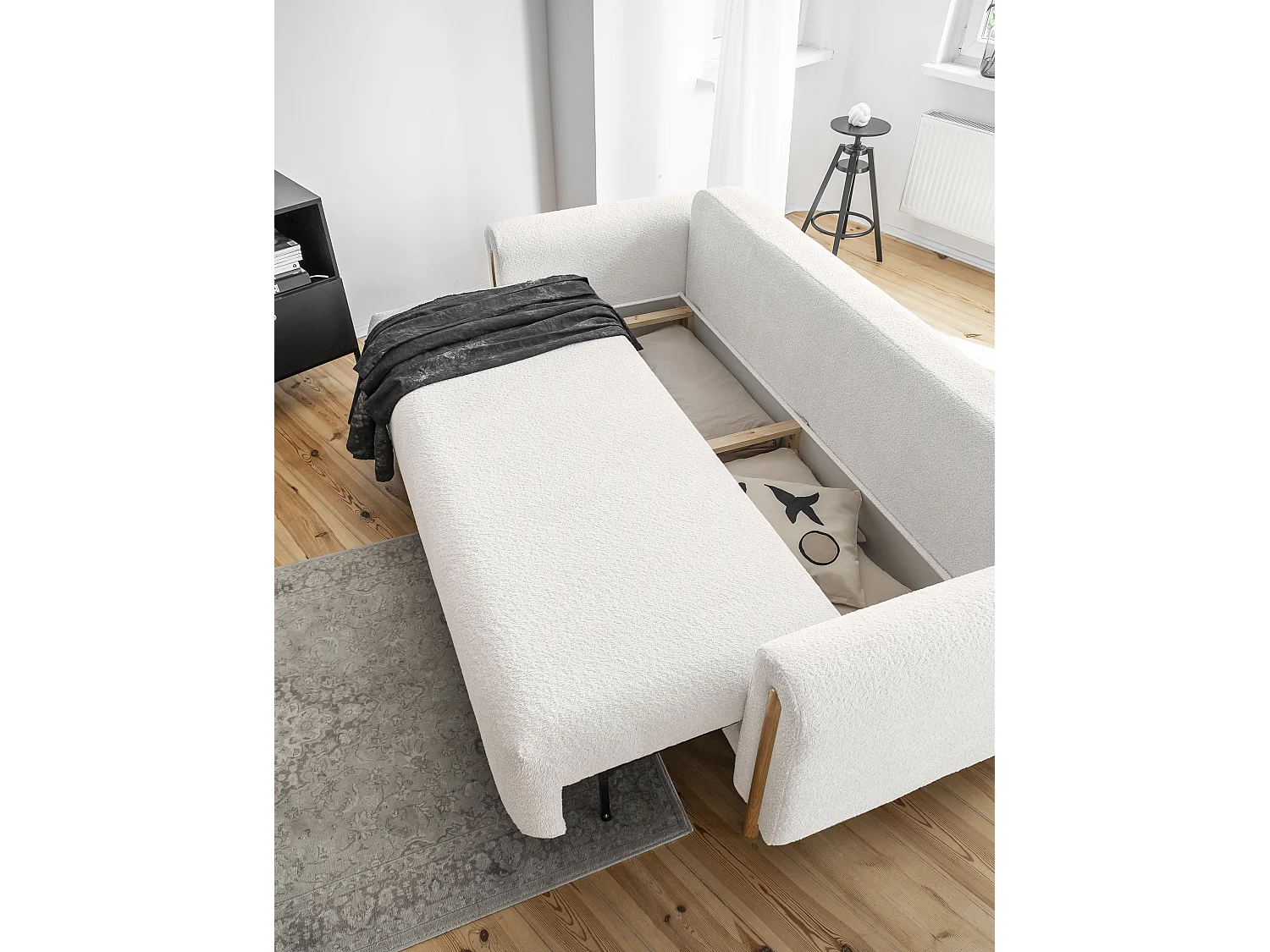 Canapé convertible en tissu bouclette DOVA - Pieds bois massif naturel-Blanc