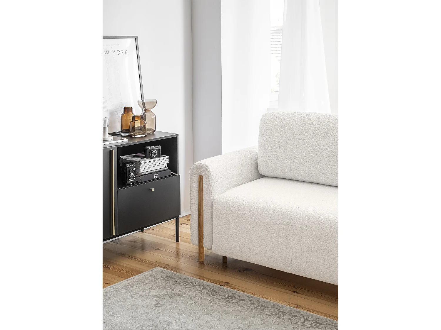 Canapé convertible en tissu bouclette DOVA - Pieds bois massif naturel-Blanc