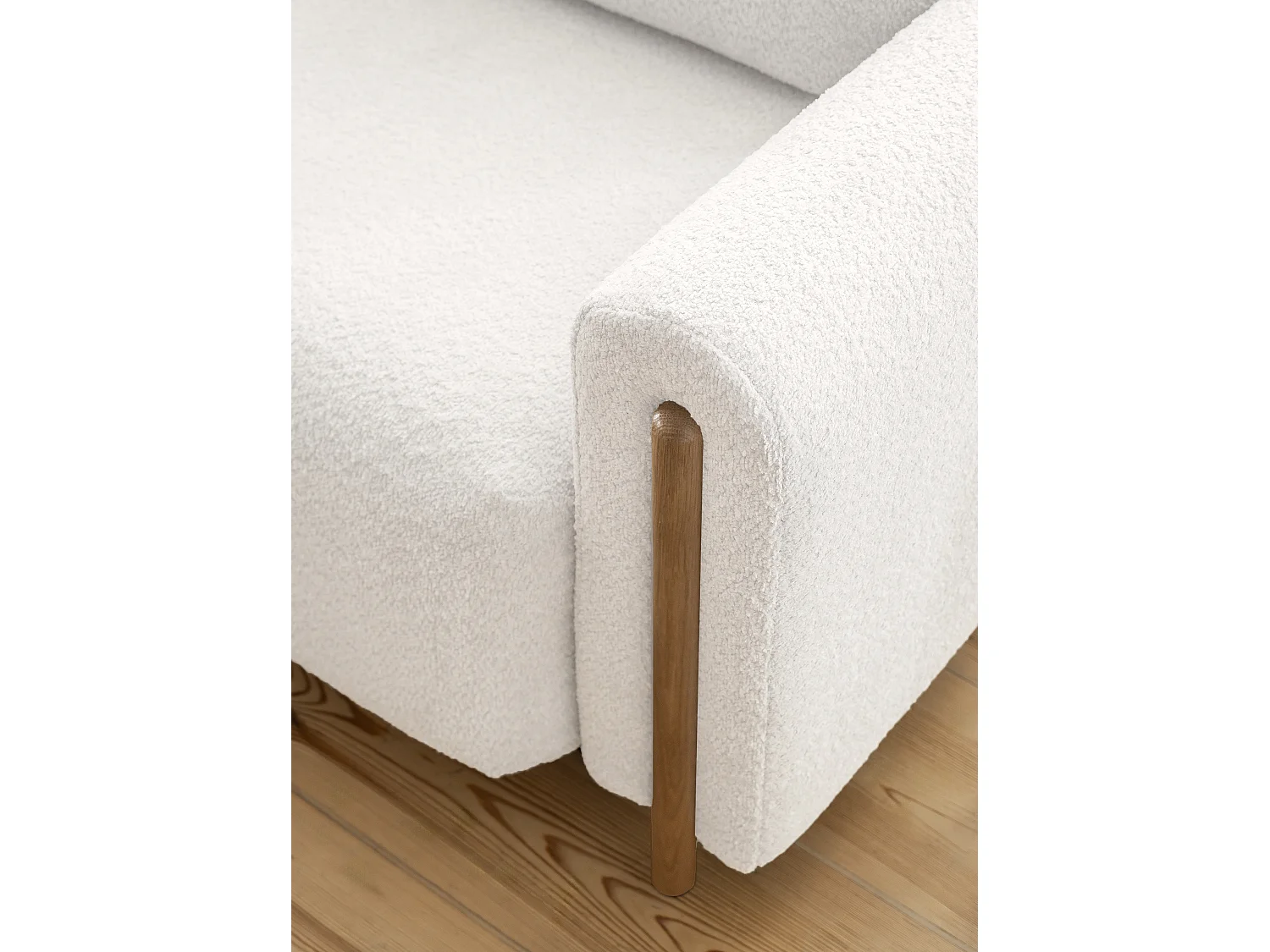 Canapé convertible en tissu bouclette DOVA - Pieds bois massif naturel-Blanc