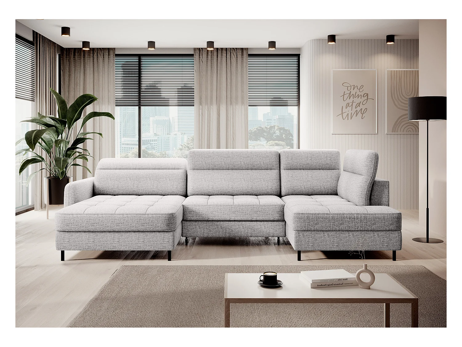 BENTO converteerbare panoramische stoffen bank met opbergvak-Kleur parel grijs-linkerhoek