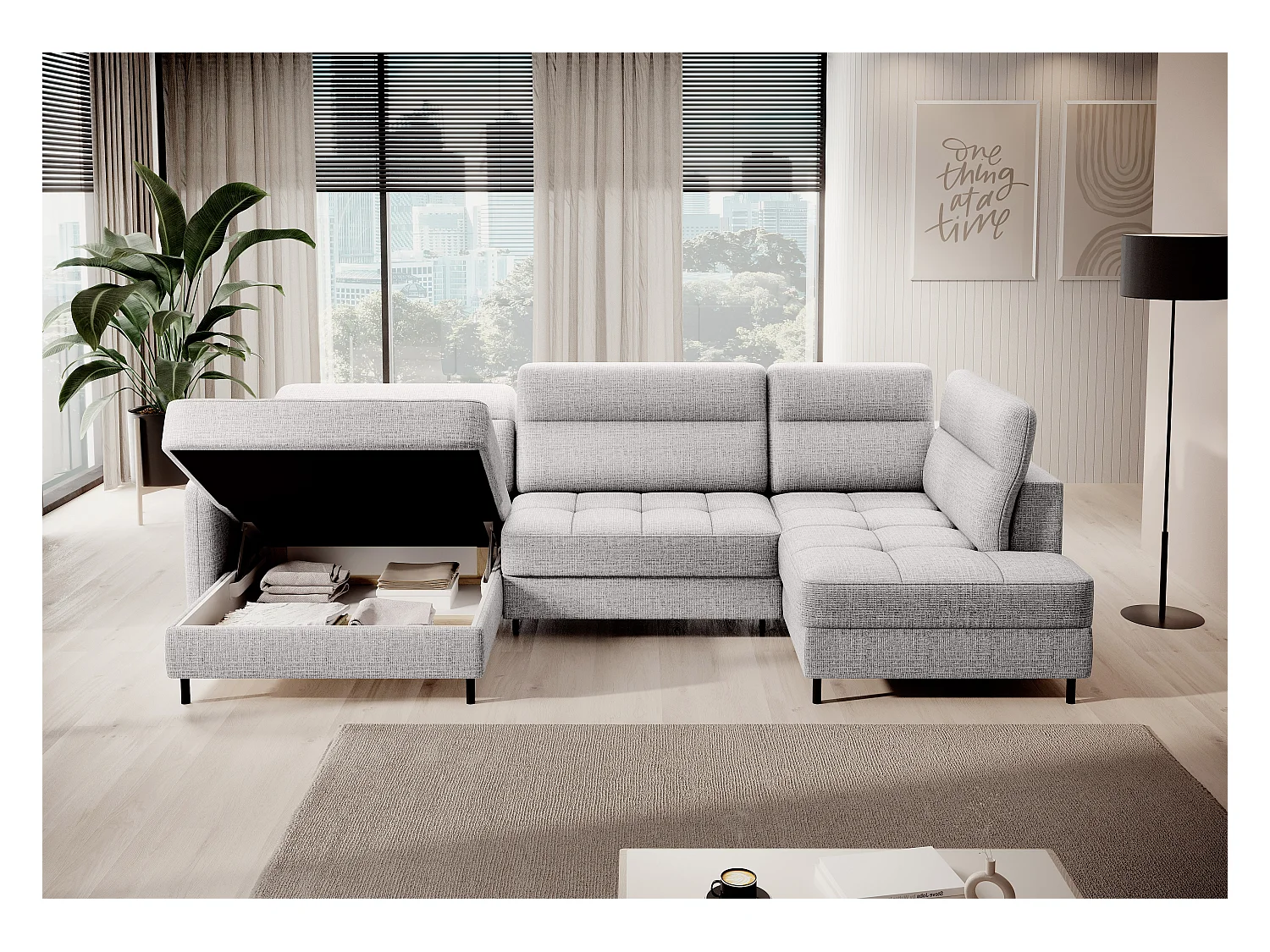 BENTO converteerbare panoramische stoffen bank met opbergvak-Kleur parel grijs-linkerhoek