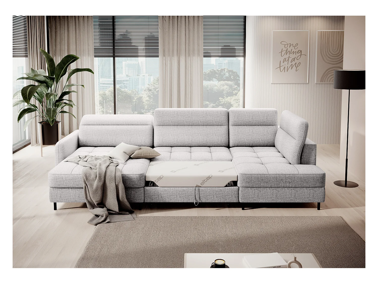 BENTO converteerbare panoramische stoffen bank met opbergvak-Kleur parel grijs-linkerhoek