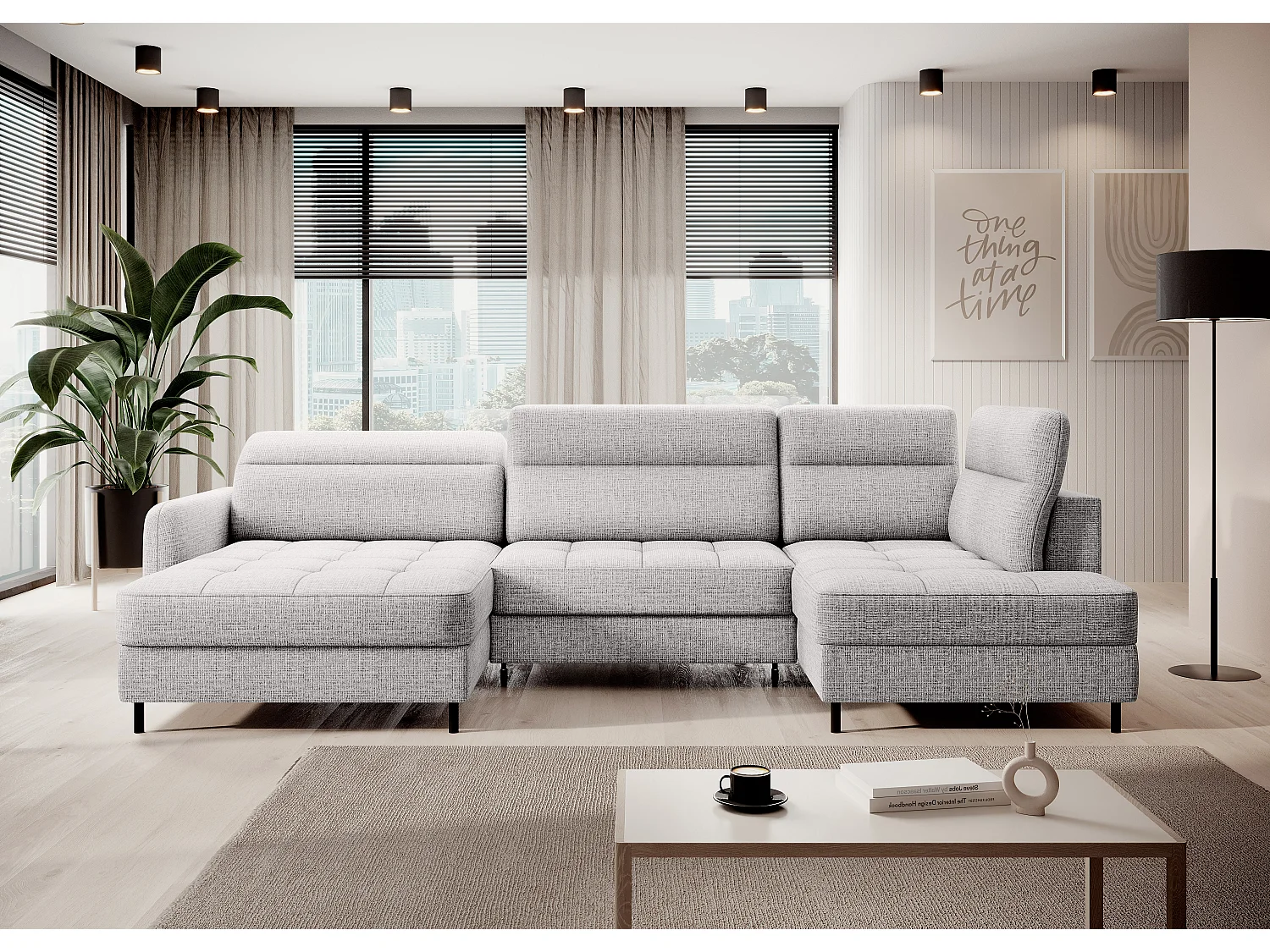 BENTO converteerbare panoramische stoffen bank met opbergvak-Kleur parel grijs-linkerhoek