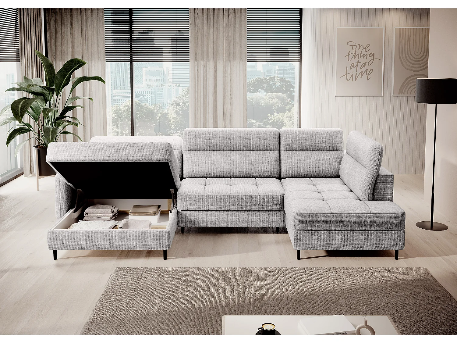 BENTO converteerbare panoramische stoffen bank met opbergvak-Kleur parel grijs-linkerhoek