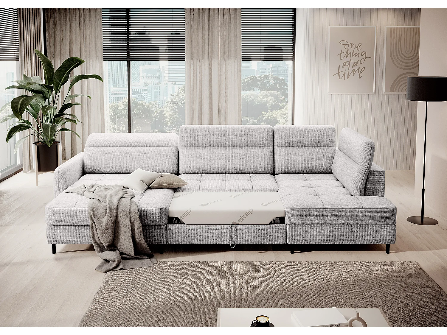 BENTO converteerbare panoramische stoffen bank met opbergvak-Kleur parel grijs-linkerhoek