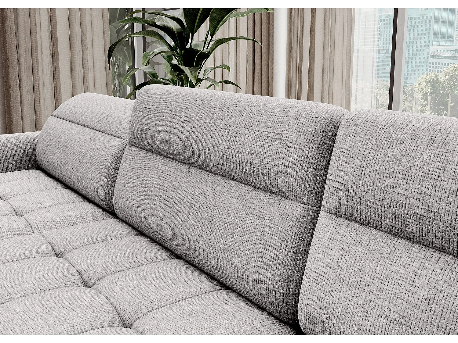 BENTO converteerbare panoramische stoffen bank met opbergvak-Kleur parel grijs-linkerhoek