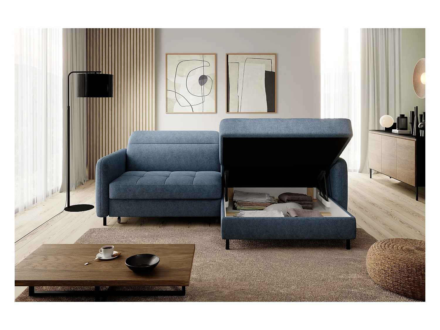 Petit canapé d’angle convertible tissu Kunder-Bleu turquin-angle droit