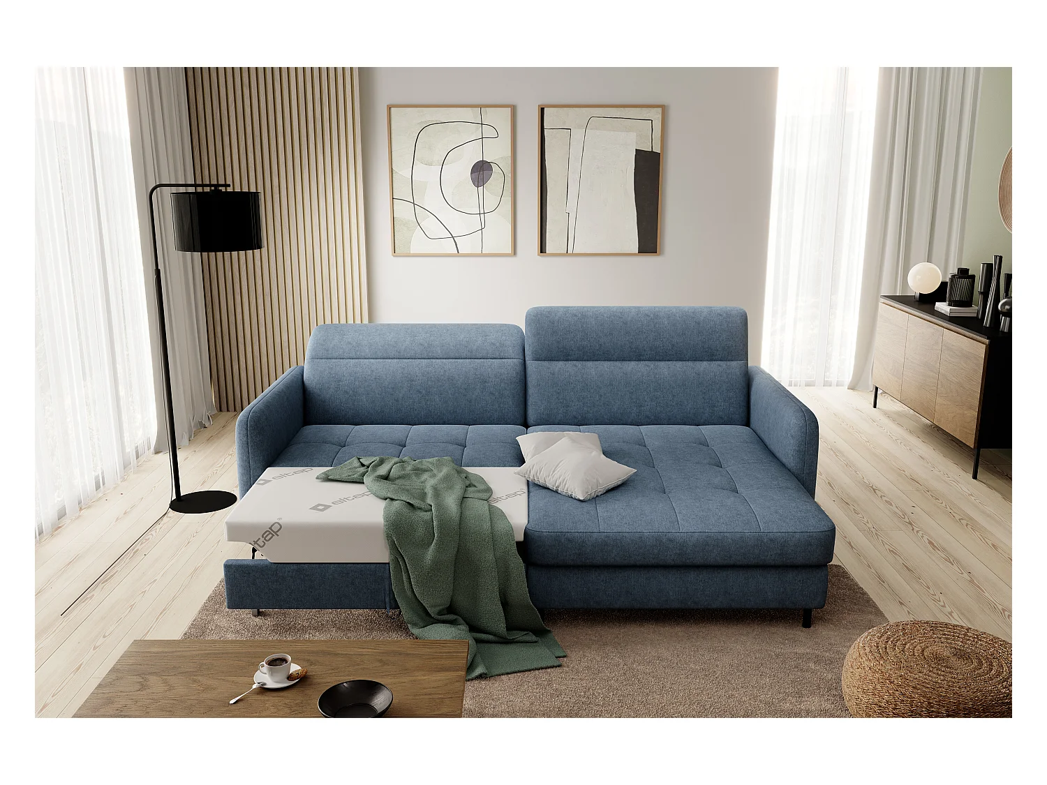 Petit canapé d’angle convertible tissu Kunder-Bleu turquin-angle droit