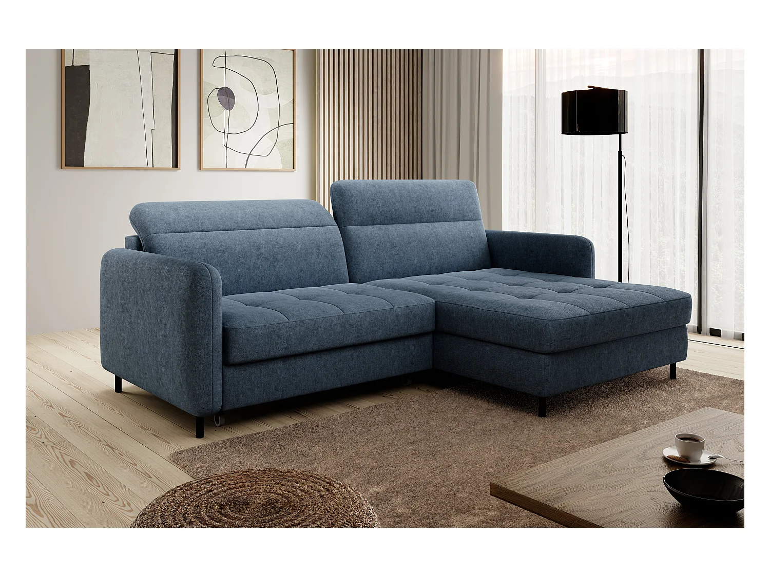 Petit canapé d’angle convertible tissu Kunder-Bleu turquin-angle droit