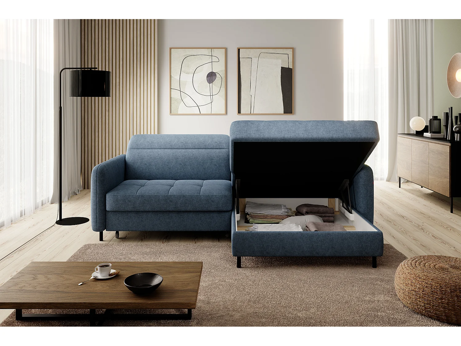 Petit canapé d’angle convertible tissu Kunder-Bleu turquin-angle droit