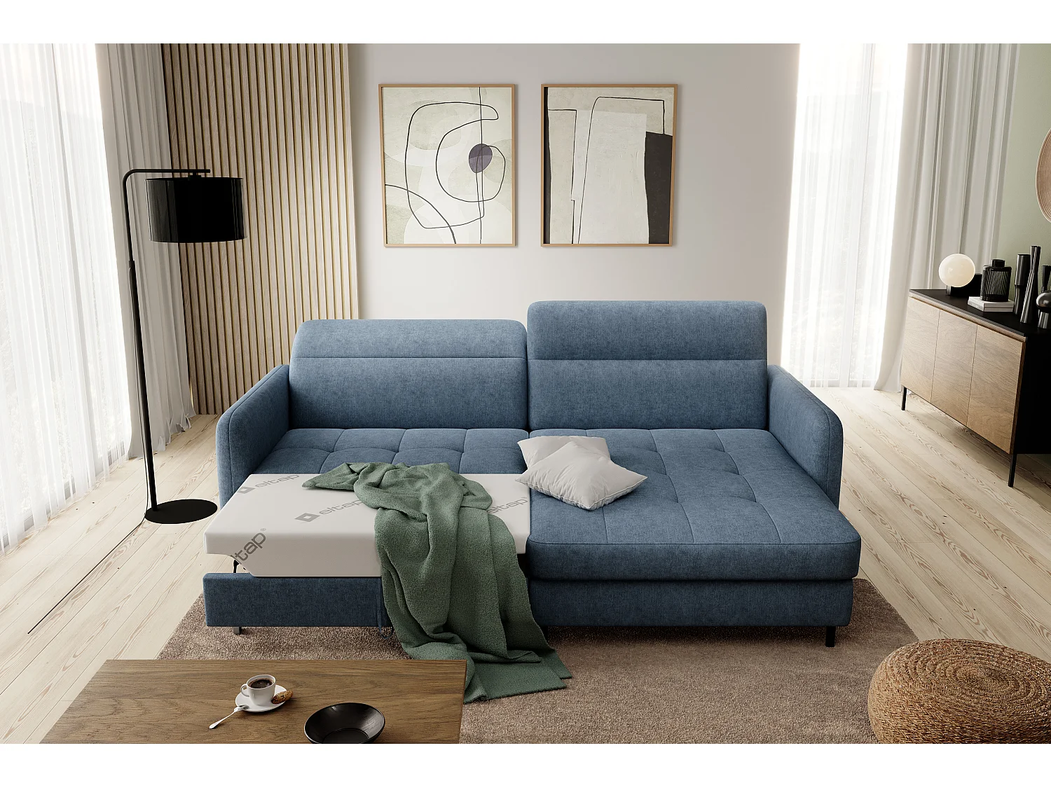 Petit canapé d’angle convertible tissu Kunder-Bleu turquin-angle droit