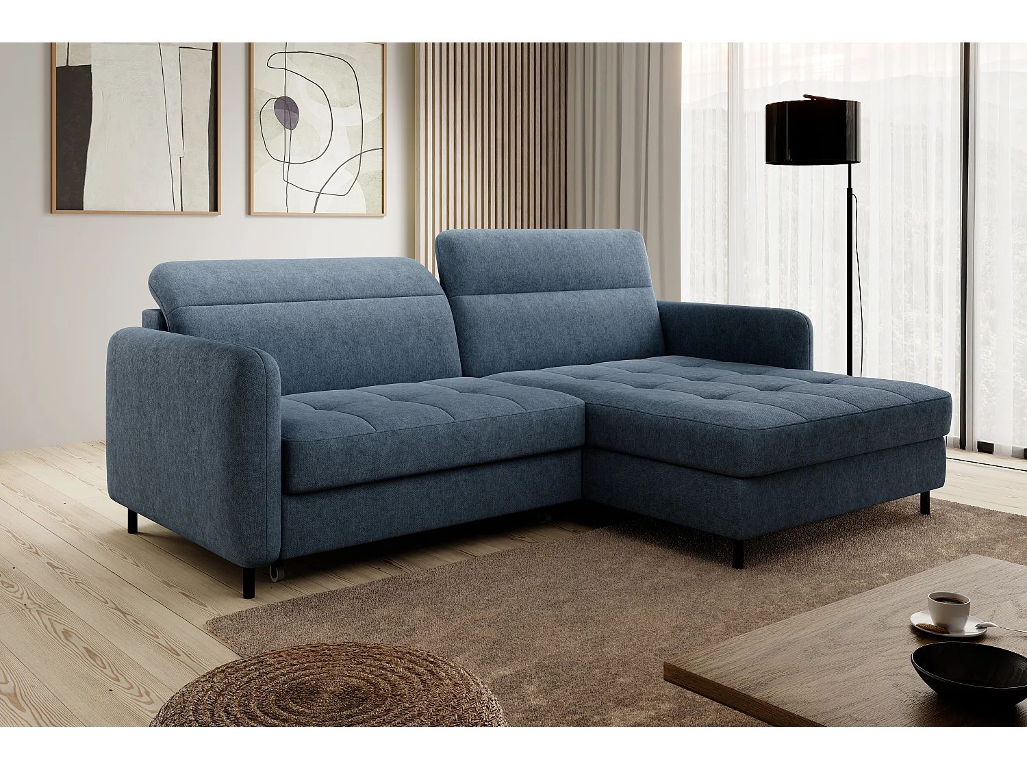 Petit canapé d’angle convertible tissu Kunder-Bleu turquin-angle droit