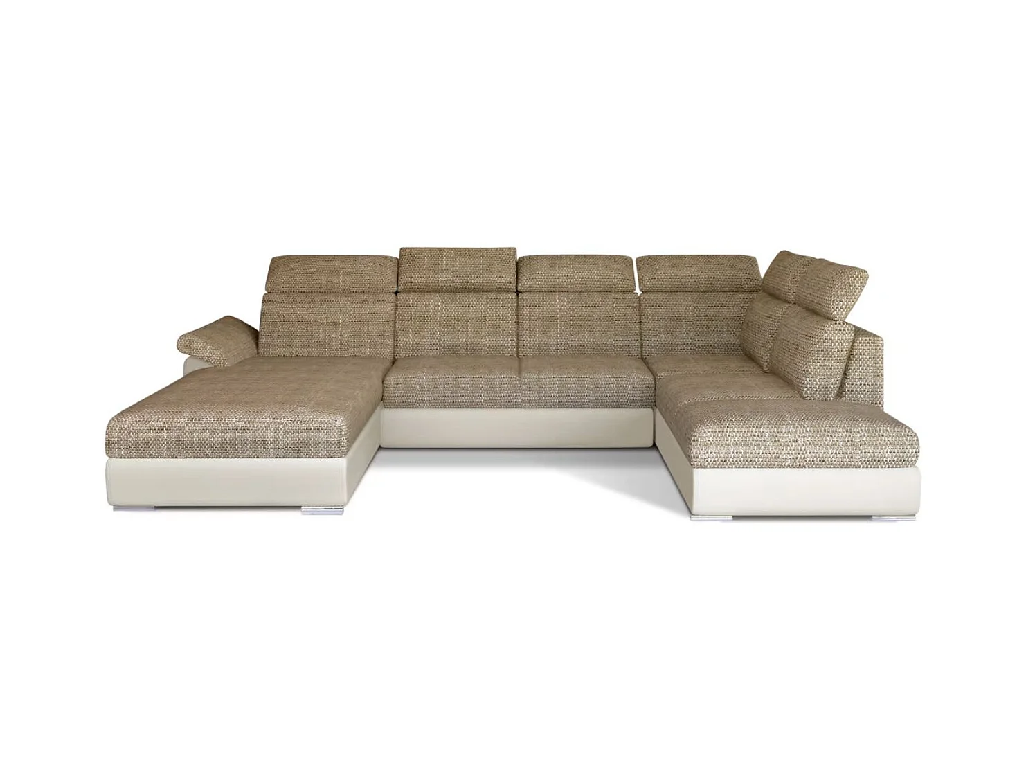 Canapé Convertible Panoramique LEVANO Tissu et Simili Cuir, Têtières-Beige clair/Beige chiné-Coffre à gauche