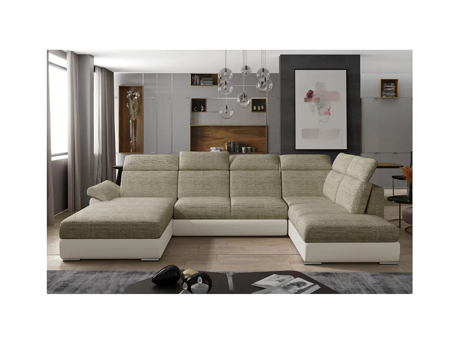 Canapé Convertible Panoramique LEVANO Tissu et Simili Cuir, Têtières-Beige clair/Beige chiné-Coffre à gauche