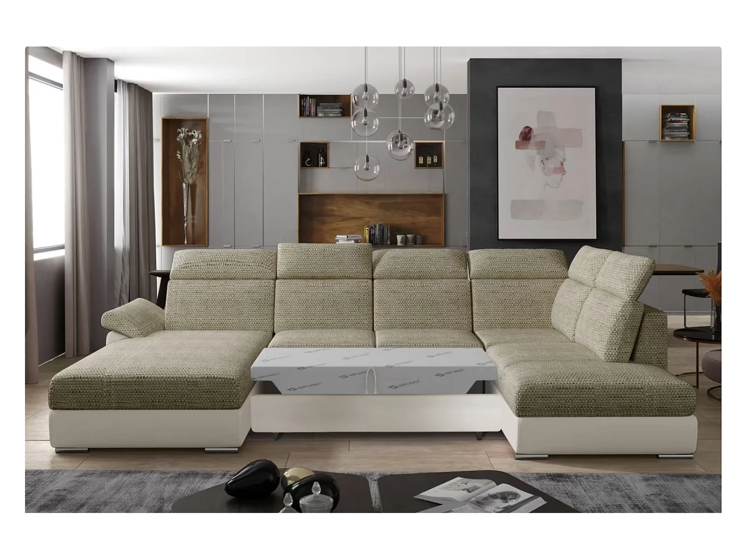 Canapé Convertible Panoramique LEVANO Tissu et Simili Cuir, Têtières-Beige clair/Beige chiné-Coffre à gauche