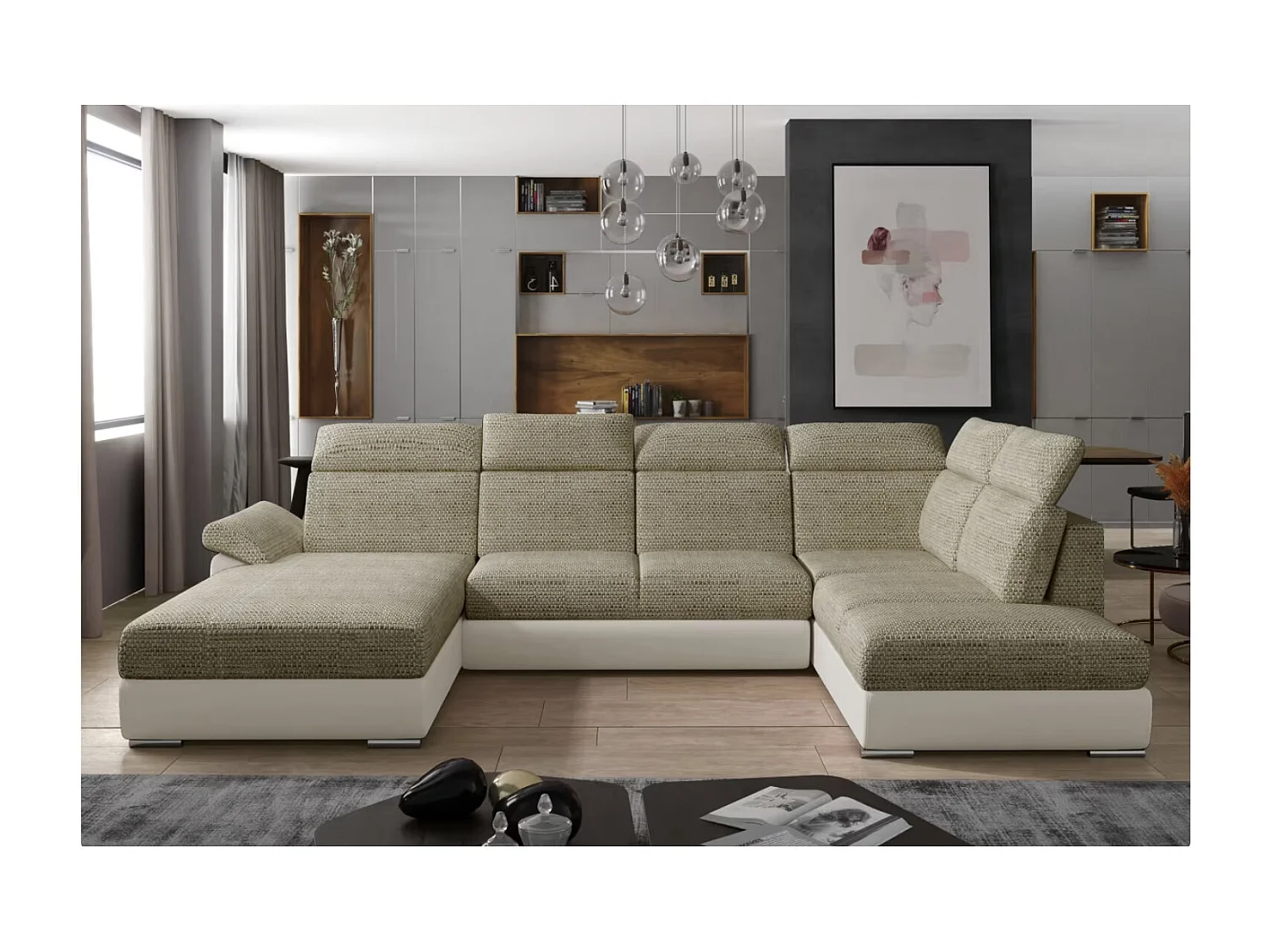 Canapé Convertible Panoramique LEVANO Tissu et Simili Cuir, Têtières-Beige clair/Beige chiné-Coffre à gauche