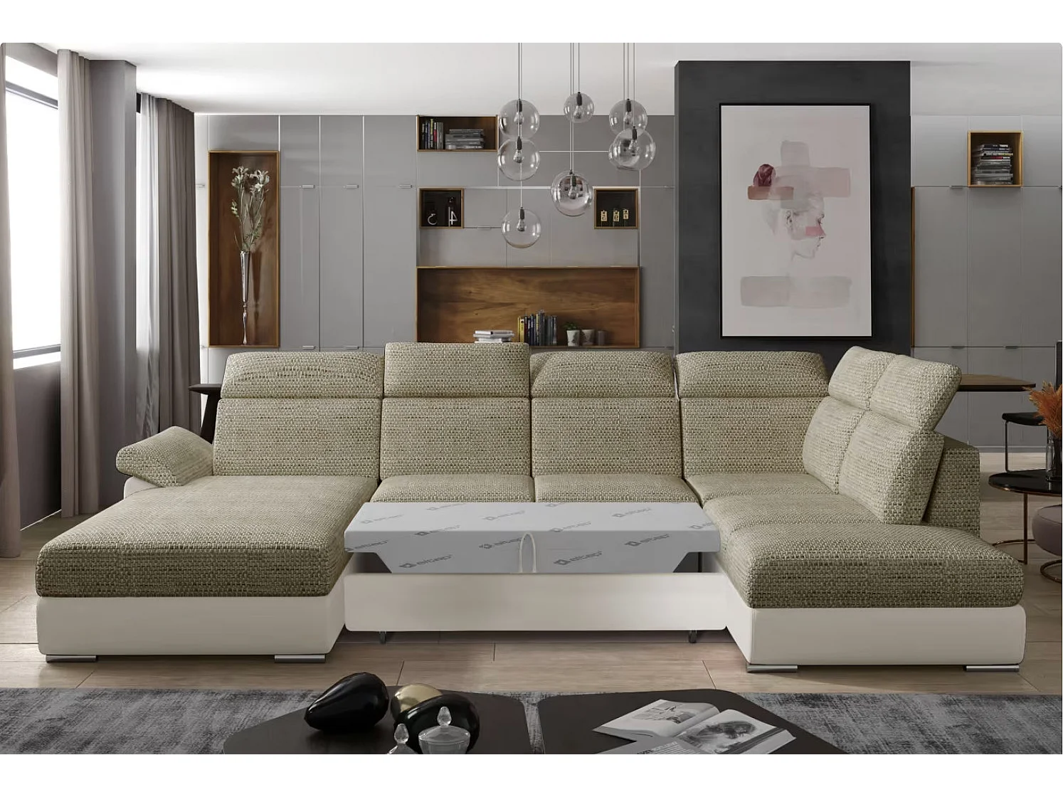 Canapé Convertible Panoramique LEVANO Tissu et Simili Cuir, Têtières-Beige clair/Beige chiné-Coffre à gauche