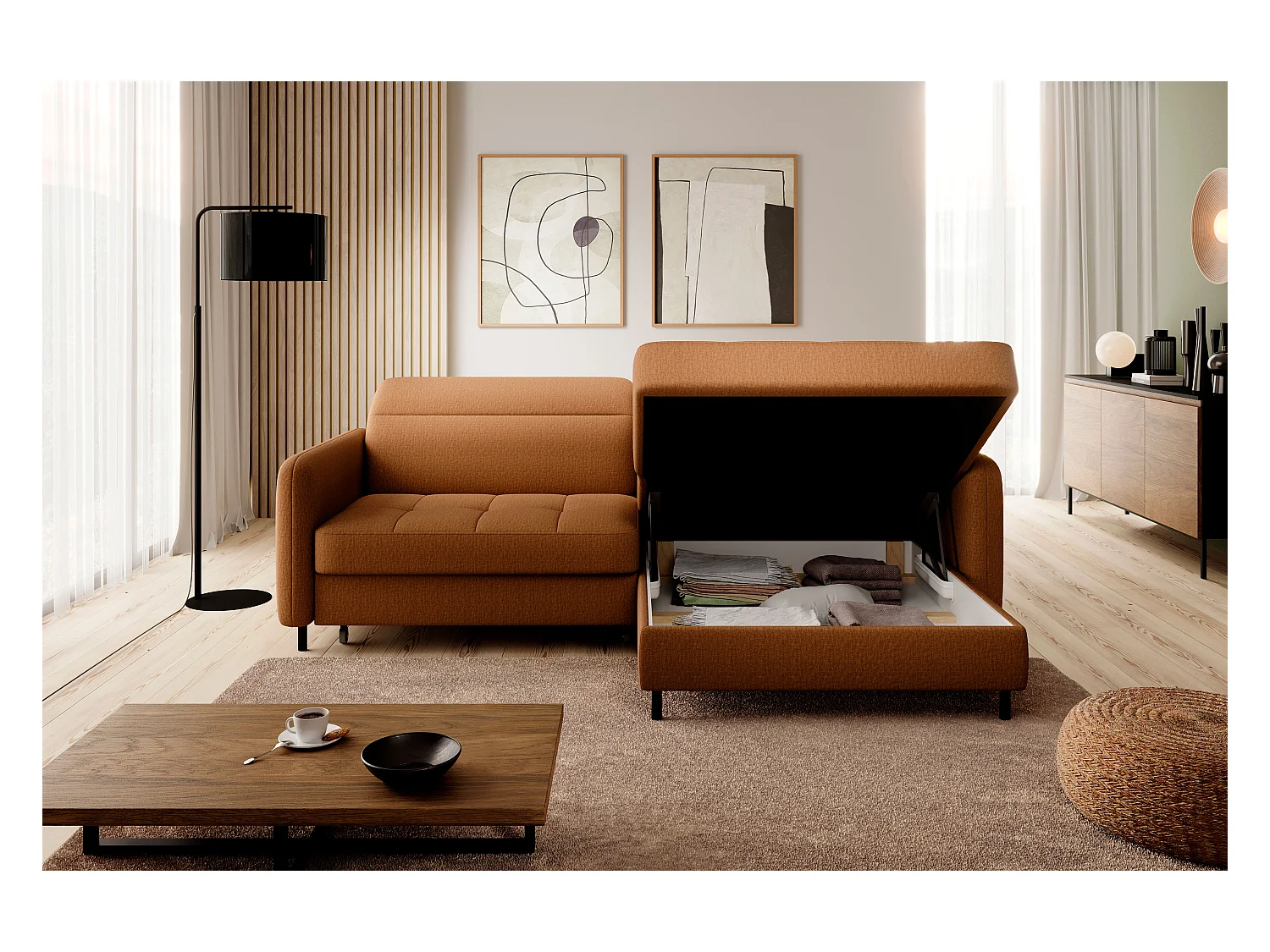 Petit canapé d’angle convertible tissu Kunder-Orange-angle droit