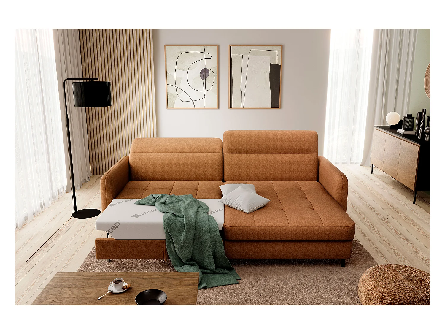 Petit canapé d’angle convertible tissu Kunder-Orange-angle droit