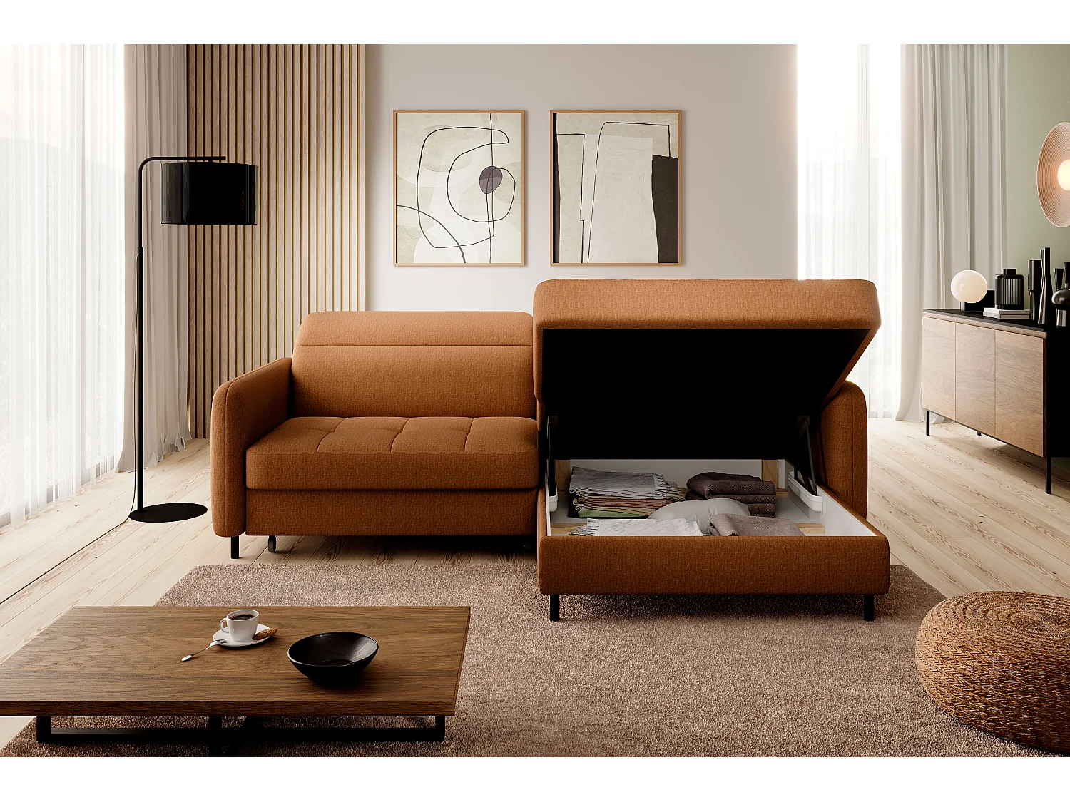 Petit canapé d’angle convertible tissu Kunder-Orange-angle droit