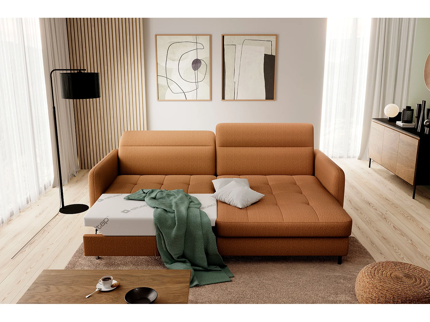 Petit canapé d’angle convertible tissu Kunder-Orange-angle droit