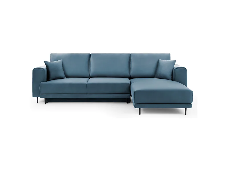 Canapé d'angle convertible velours DAVINA - Coffre et pieds métal noir-Bleu canard-angle droit