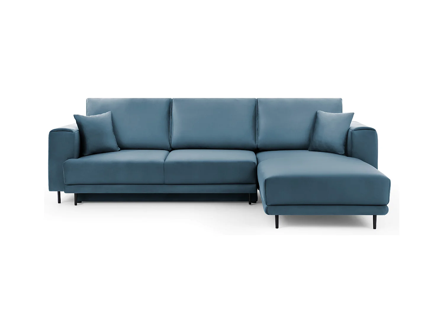 Canapé d'angle convertible velours DAVINA - Coffre et pieds métal noir-Bleu canard-angle droit