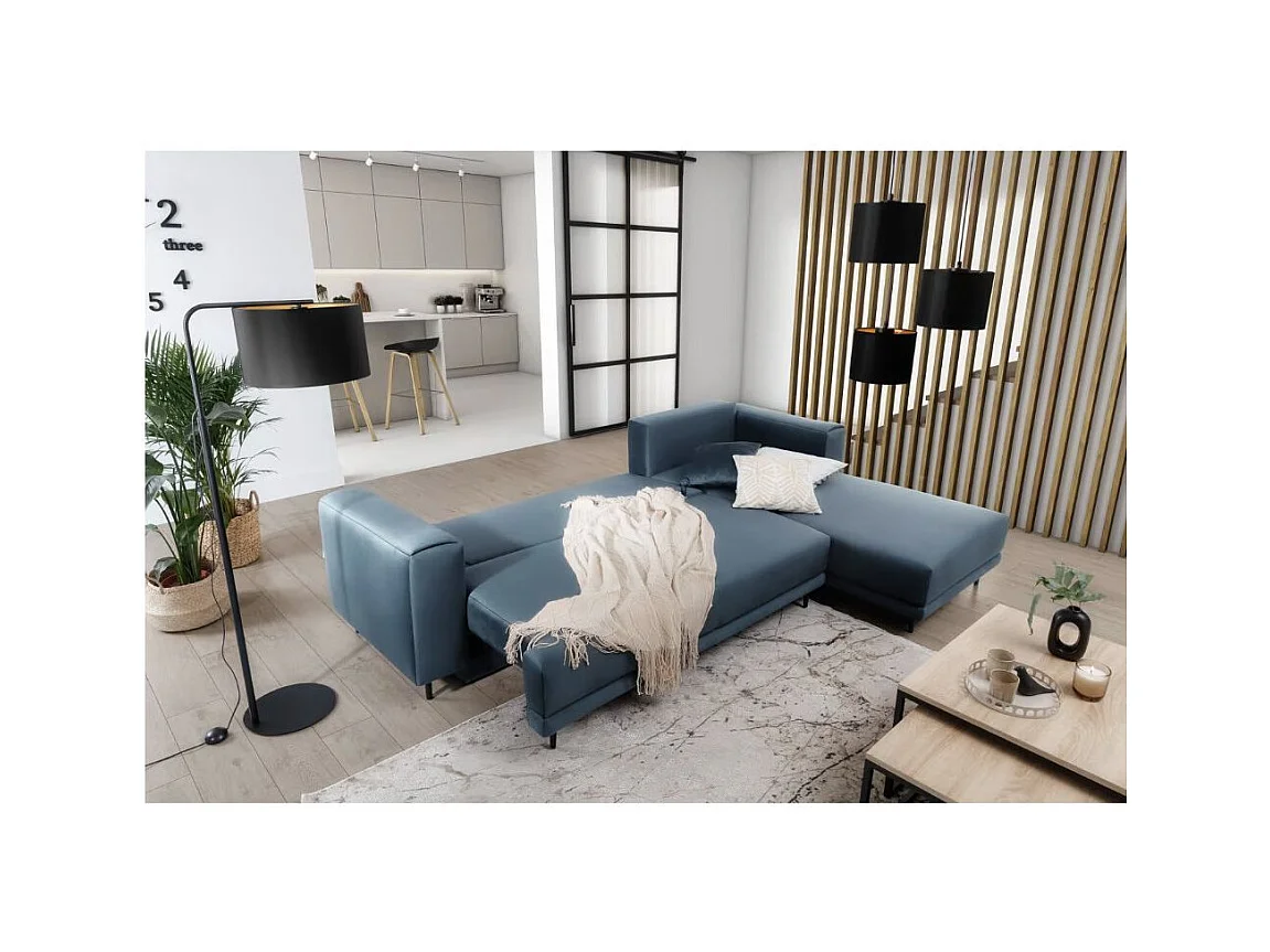 Canapé d'angle convertible velours DAVINA - Coffre et pieds métal noir-Bleu canard-angle droit