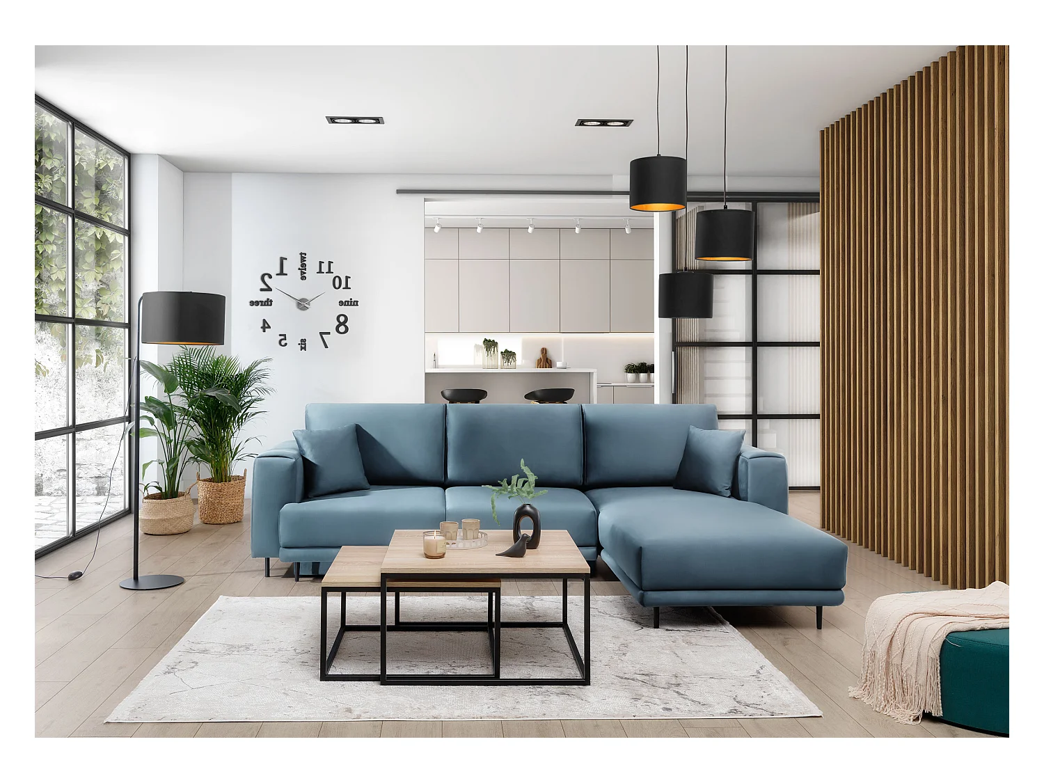 Canapé d'angle convertible velours DAVINA - Coffre et pieds métal noir-Bleu canard-angle droit