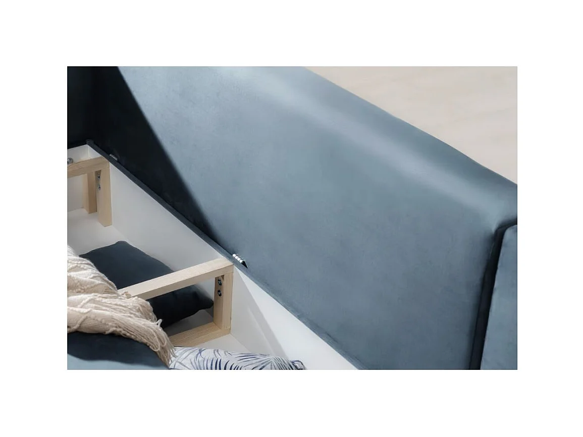 Canapé d'angle convertible velours DAVINA - Coffre et pieds métal noir-Bleu canard-angle droit