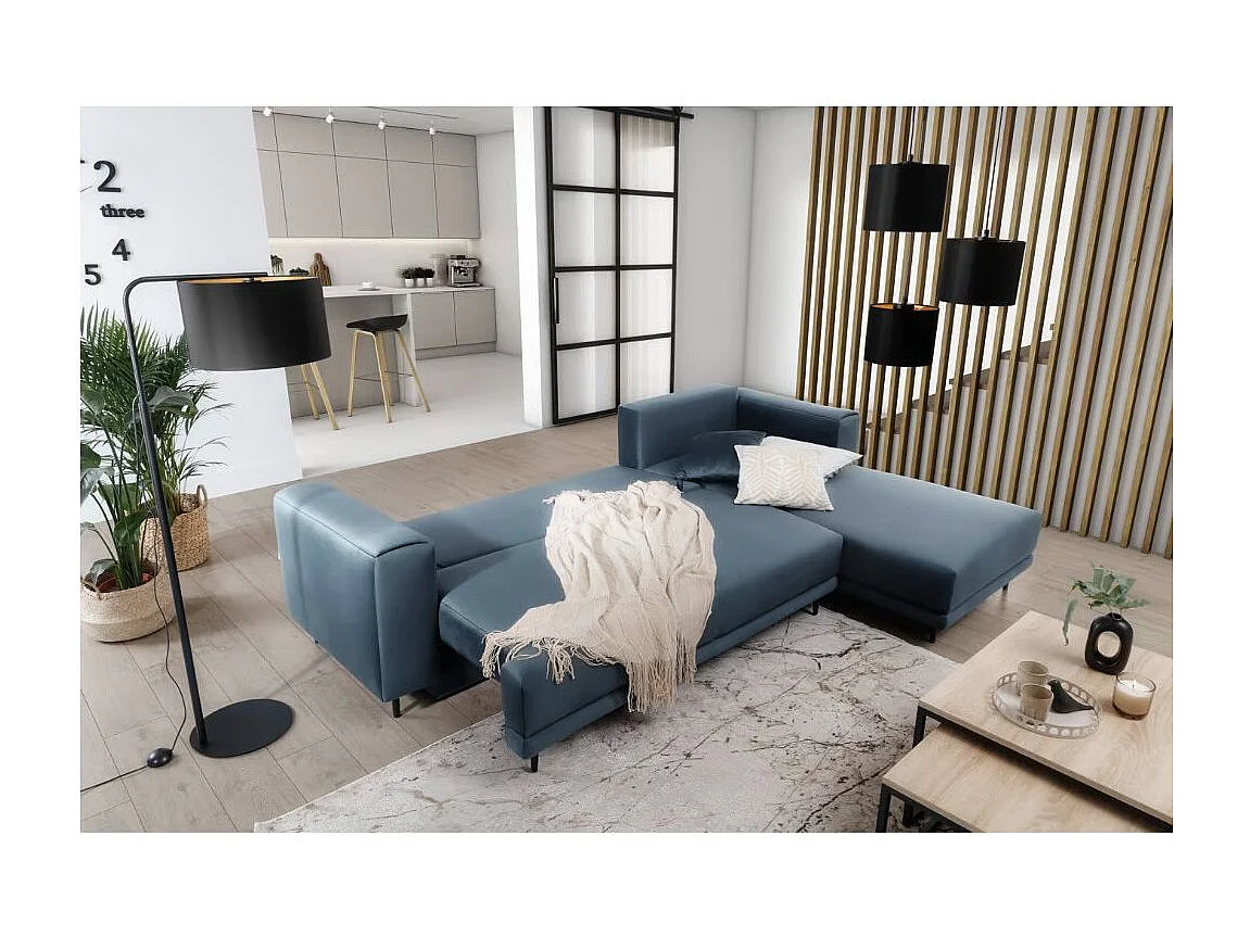Canapé d'angle convertible velours DAVINA - Coffre et pieds métal noir-Bleu canard-angle droit