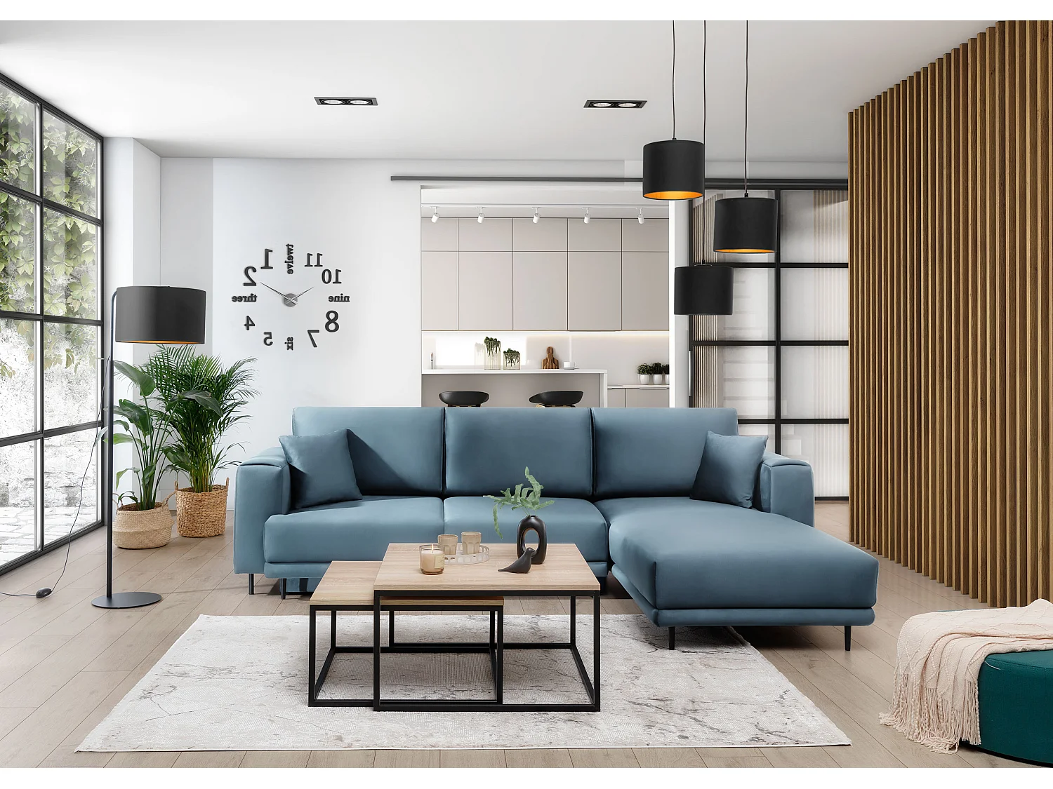 Canapé d'angle convertible velours DAVINA - Coffre et pieds métal noir-Bleu canard-angle droit