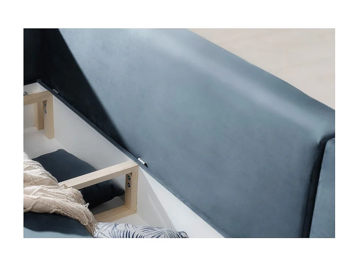 Canapé d'angle convertible velours DAVINA - Coffre et pieds métal noir-Bleu canard-angle droit