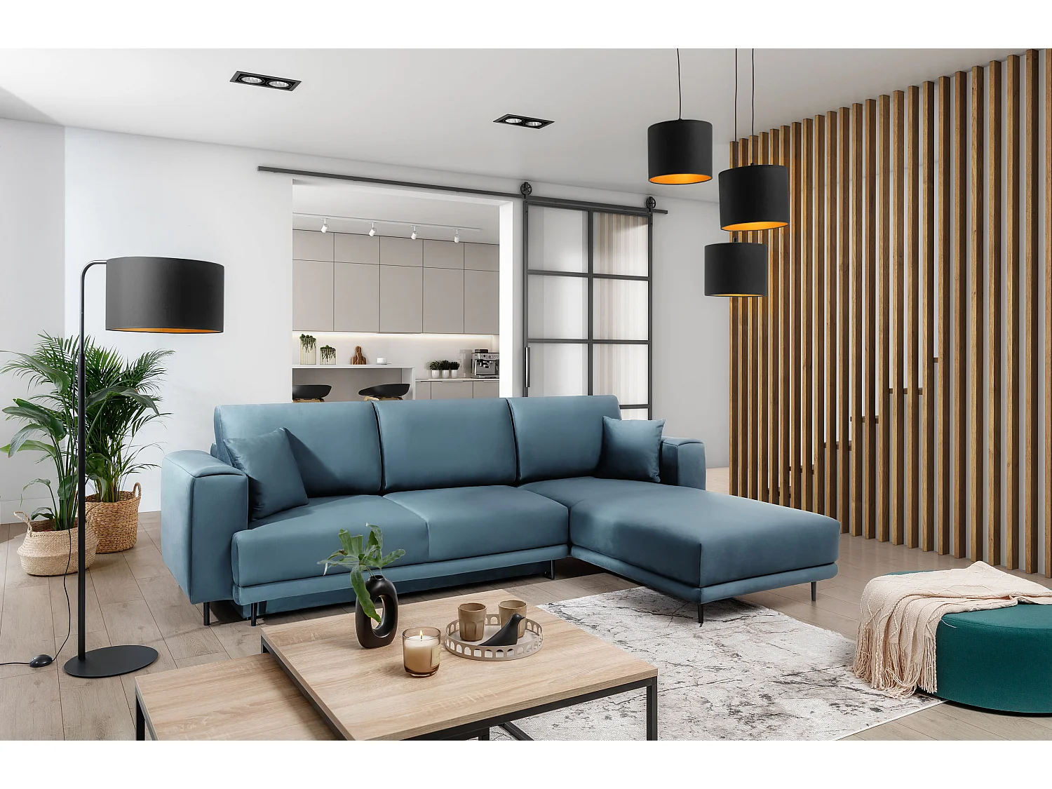 Canapé d'angle convertible velours DAVINA - Coffre et pieds métal noir-Bleu canard-angle droit