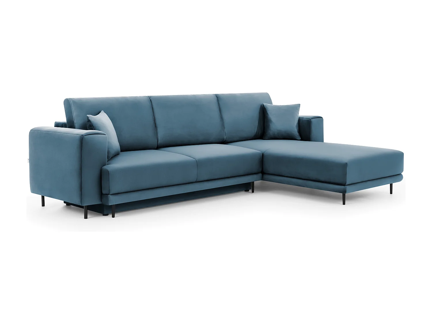 Canapé d'angle convertible velours DAVINA - Coffre et pieds métal noir-Bleu canard-angle droit