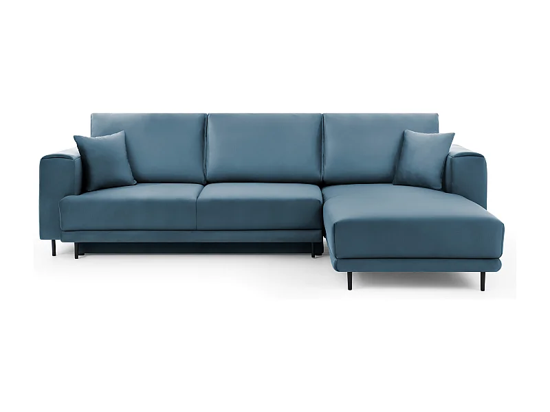 DAVINA omvormbare fluwelen hoekbank - Zwarte metalen opbergruimte en poten-Kleur Blauwe Eend-juiste hoek