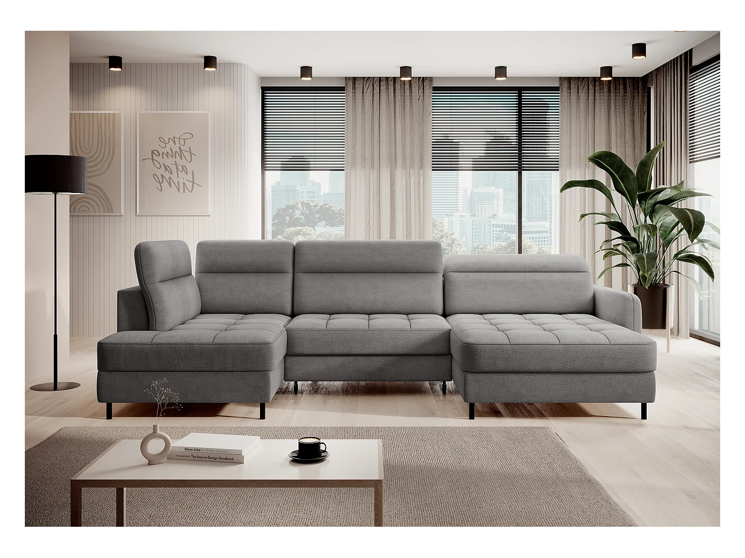 BENTO converteerbare panoramische stoffen bank met opbergvak-Kleur Grijs-juiste hoek