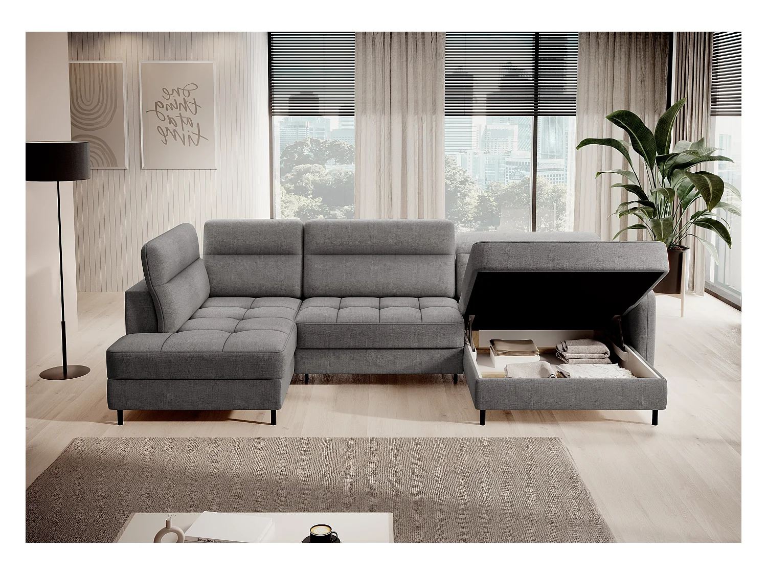 BENTO converteerbare panoramische stoffen bank met opbergvak-Kleur Grijs-juiste hoek