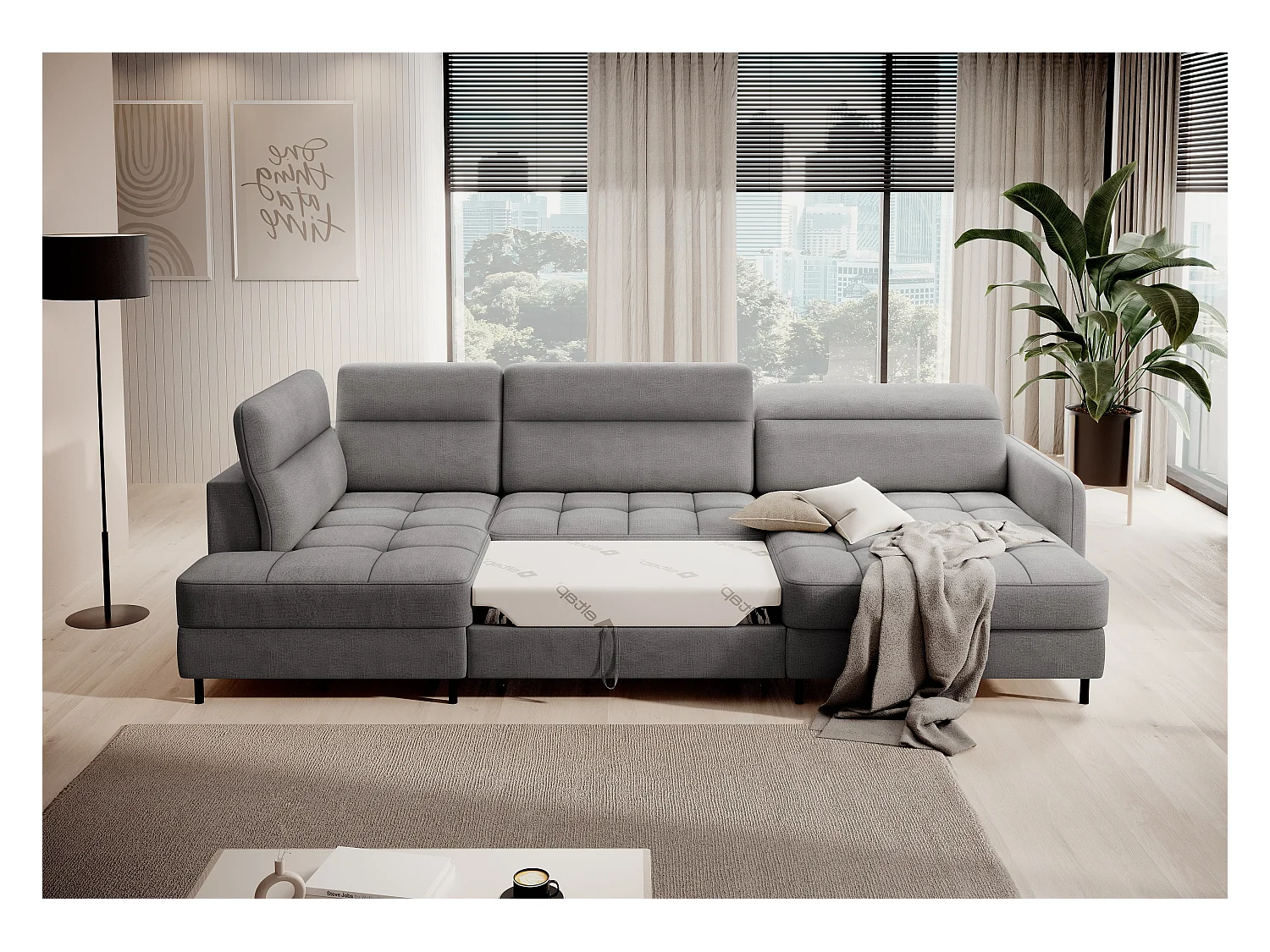 BENTO converteerbare panoramische stoffen bank met opbergvak-Kleur Grijs-juiste hoek