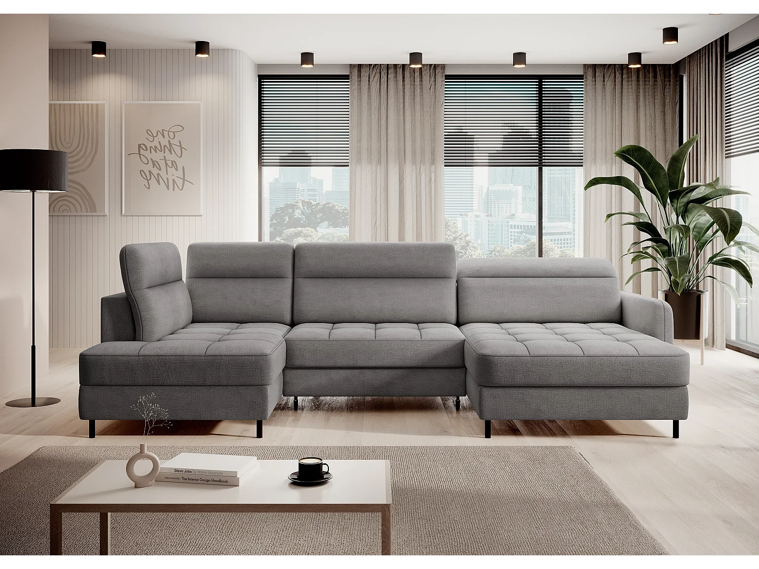 BENTO converteerbare panoramische stoffen bank met opbergvak-Kleur Grijs-juiste hoek