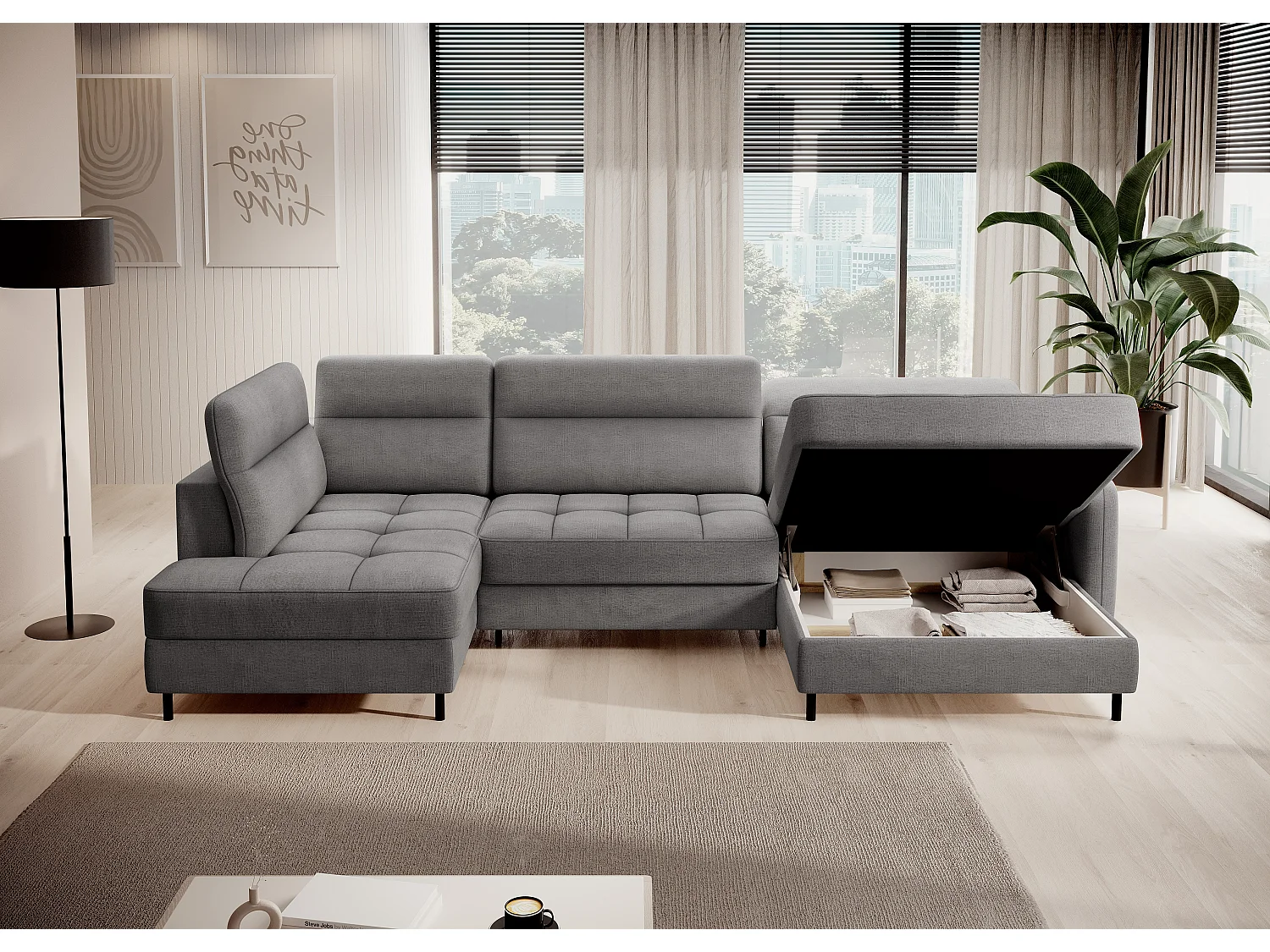 BENTO converteerbare panoramische stoffen bank met opbergvak-Kleur Grijs-juiste hoek