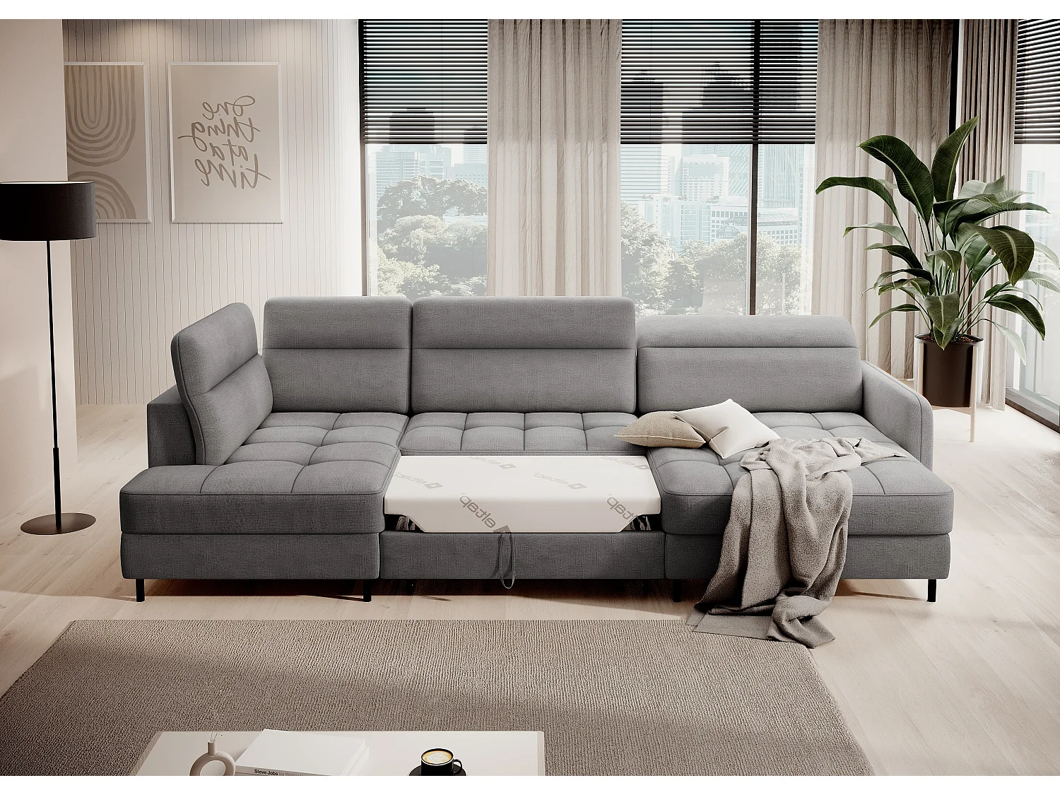 BENTO converteerbare panoramische stoffen bank met opbergvak-Kleur Grijs-juiste hoek