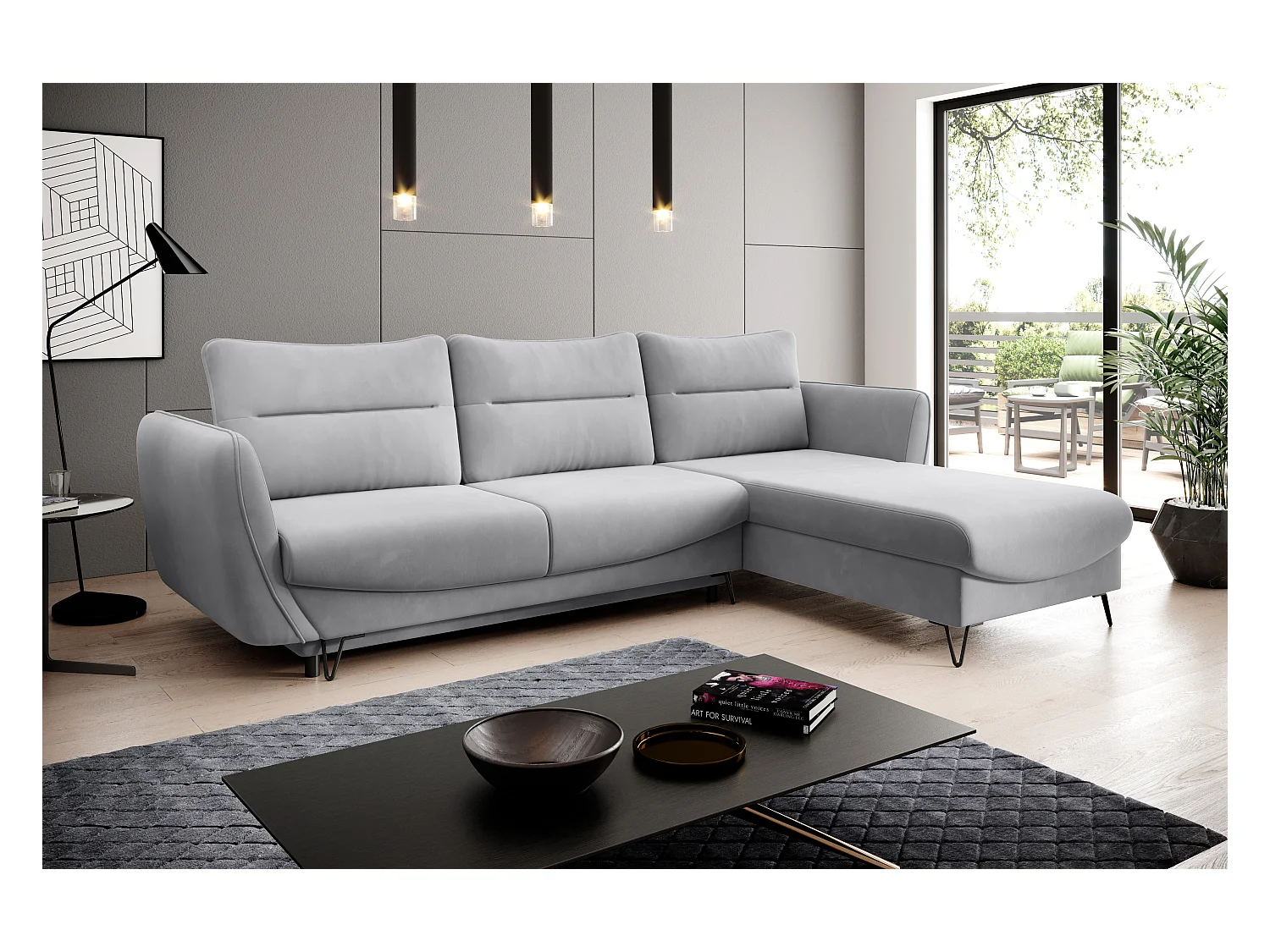 ZURIK stoffen omvormbare hoekbank - Opbergbox en zwarte metalen poten-Kleur Muis grijs-juiste hoek