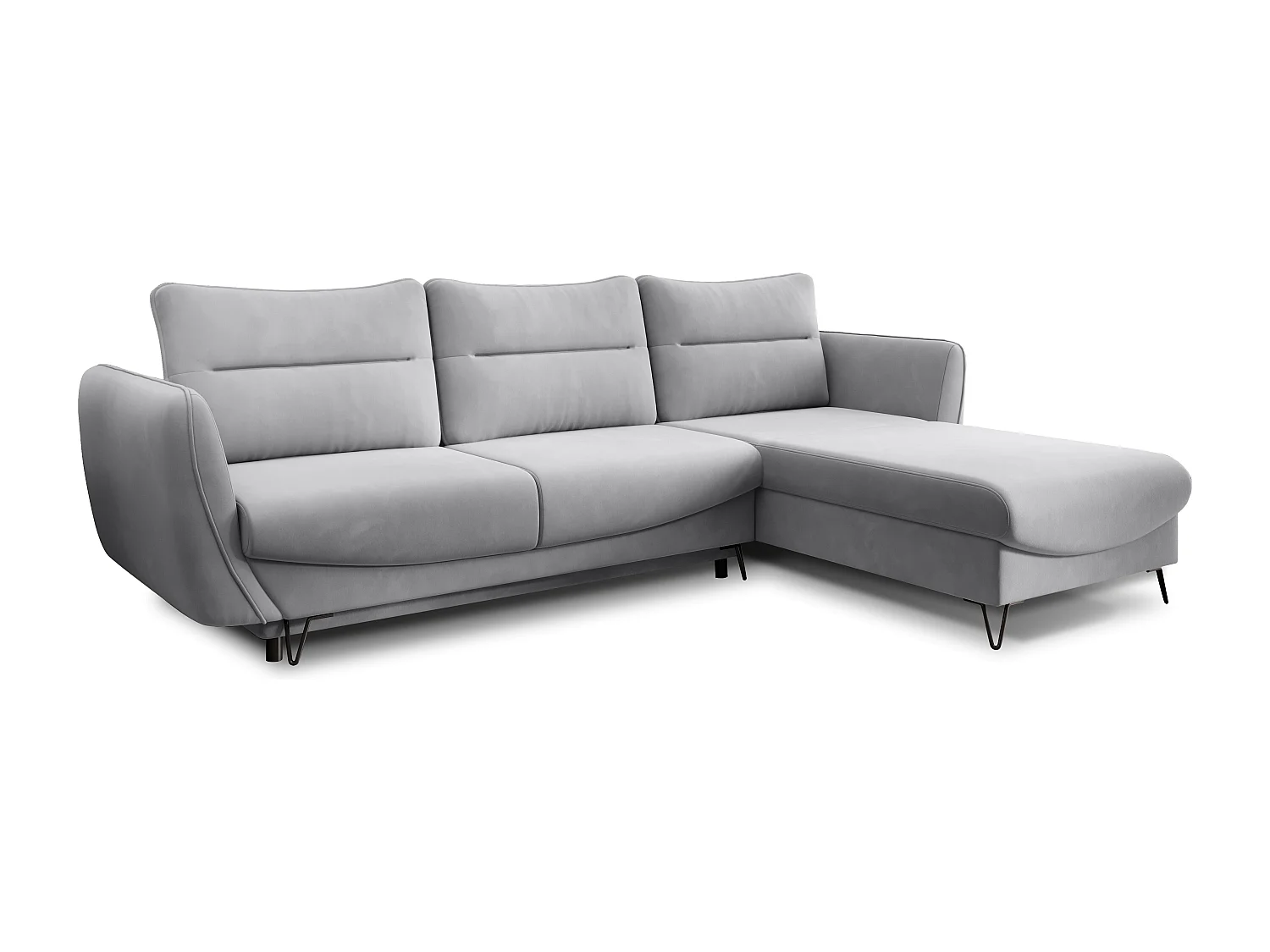 Canapé d'angle convertible tissu ZURIK - Coffre de rangement et pieds métal noir-Gris souris-angle droit