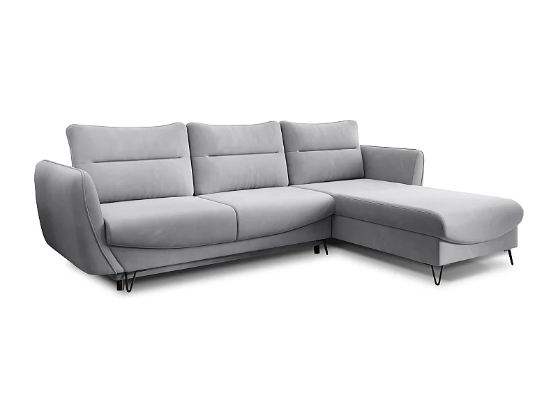 Canapé d'angle convertible tissu ZURIK - Coffre de rangement et pieds métal noir-Gris souris-angle droit