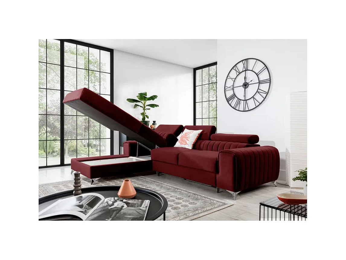 Canapé d'angle convertible velours têtière réglables GRENKY - Coffre, pieds acier chromé-Bordeaux-angle gauche