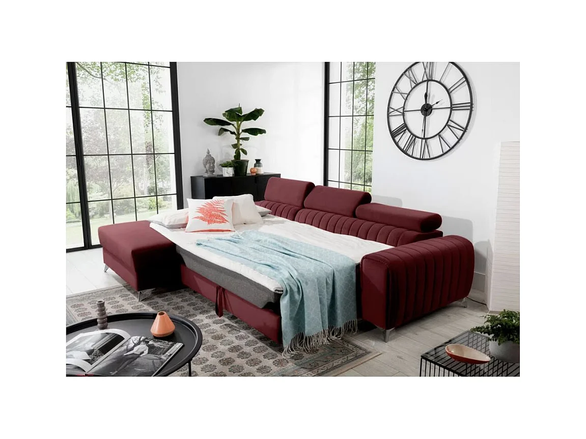 Canapé d'angle convertible velours têtière réglables GRENKY - Coffre, pieds acier chromé-Bordeaux-angle gauche