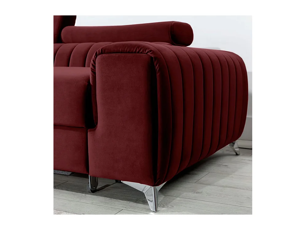 Canapé d'angle convertible velours têtière réglables GRENKY - Coffre, pieds acier chromé-Bordeaux-angle gauche